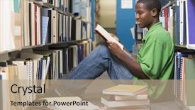  Presentation with university library - Presentation theme enhanced with male university student sitting on library floor surrounded by books background and a coral colored foreground