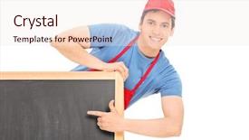  Presentation with vendor - Cool new presentation theme with male vendor pointing on blackboard backdrop and a sky blue colored foreground