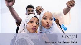  Presentation with videographer - Colorful presentation theme enhanced with male videographer in digital studio recording video on professional camera by shooting female muslim woman wearing hijab scarf plastic pink background backdrop and a light blue colored foreground