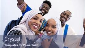  Presentation with videographer - Slide set having male videographer in digital studio recording video on professional camera by shooting female muslim woman wearing hijab scarf plastic pink background background and a ocean colored foreground