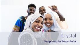  Presentation with videographer - Audience pleasing presentation design consisting of male videographer in digital studio recording video on professional camera by shooting female muslim woman wearing hijab scarf plastic pink background backdrop and a sky blue colored foreground