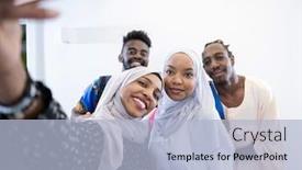  Presentation with videographer - Presentation theme featuring male videographer in digital studio recording video on professional camera by shooting female muslim woman wearing hijab scarf plastic pink background background and a light blue colored foreground