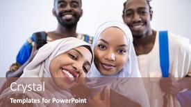  Presentation with videographer - Slide deck enhanced with male videographer in digital studio recording video on professional camera by shooting female muslim woman wearing hijab scarf plastic pink background background and a violet colored foreground