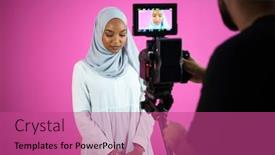  Presentation with videographer - PPT layouts having male videographer in digital studio recording video on professional camera by shooting female muslim woman wearing hijab scarf plastic pink background background and a coral colored foreground
