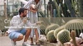  Presentation with female - PPT layouts having male-visitor-questioning-female-guide background and a gray colored foreground