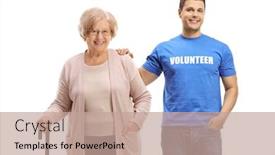  Presentation with cane - PPT layouts enhanced with male-volunteer-helping-an-elderly background and a coral colored foreground