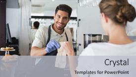  Presentation with packed restaurant food - Audience pleasing slides consisting of male waiter giving packed food backdrop and a light gray colored foreground