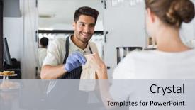  Presentation with mini project for eco friendly food packagin - Colorful slide set enhanced with male waiter giving packed food backdrop and a light gray colored foreground