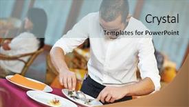  Presentation with food fish - Presentation design having male waiter prepairing fish food background and a light blue colored foreground