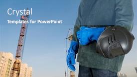  Presentation with welding - Slides with male welder closeup with welding equipment on building background background and a teal colored foreground