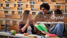 Presentation with amphitheater - Colorful PPT theme enhanced with male-with-female-colleagues backdrop and a tawny brown colored foreground