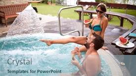  Presentation with female - Colorful presentation enhanced with male with female refreshing on swiming pool with fruit backdrop and a light blue colored foreground