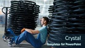  Presentation with pallet - Presentation theme consisting of male-worker-at-stack background and a navy blue colored foreground