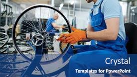  Presentation with checks - PPT theme enhanced with male-worker-at-the-machine background and a ocean colored foreground