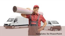  Presentation with carpet - Presentation design consisting of male-worker-carrying-a-carpet background and a coral colored foreground