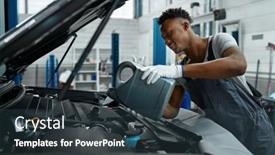 Presentation with car service - Colorful PPT theme enhanced with male-worker-changes-oil backdrop and a tawny brown colored foreground