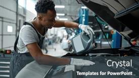  Presentation with car engine - Audience pleasing presentation design consisting of male-worker-changes-oil backdrop and a ocean colored foreground