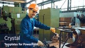  Presentation with checks - Cool new slide deck with male-worker-checks-turning-lathe backdrop and a navy blue colored foreground