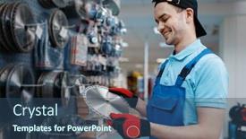  Presentation with worker - Slide set with male-worker-choosing-disc background and a ocean colored foreground