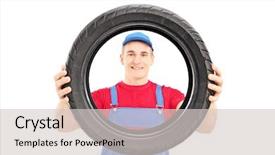  Presentation with hands holding be brave word - Audience pleasing presentation theme consisting of male worker holding a vehicle backdrop and a  colored foreground