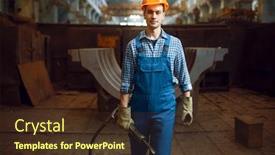  Presentation with worker - Audience pleasing theme consisting of male-worker-holds-pneumatic-jackhammer backdrop and a tawny brown colored foreground