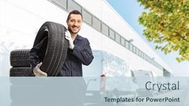  Presentation with tires - Colorful theme enhanced with male-worker-in-a-uniform backdrop and a sky blue colored foreground