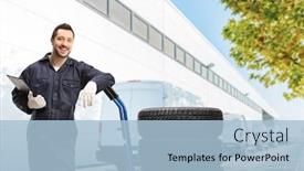  Presentation with tires - Beautiful slides featuring male-worker-in-a-uniform backdrop and a light blue colored foreground