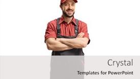  Presentation with worker - Slide deck enhanced with male-worker-in-a-uniform background and a light gray colored foreground