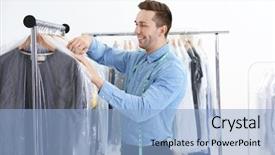  Presentation with dry cleaning - Presentation theme with male worker in dry-cleaning salon background and a light blue colored foreground