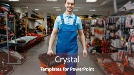  Presentation with worker - Colorful presentation theme enhanced with male-worker-in-uniform-buying backdrop and a tawny brown colored foreground