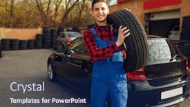  Presentation with tyre - PPT theme with male-worker-in-uniform-holds background and a navy blue colored foreground