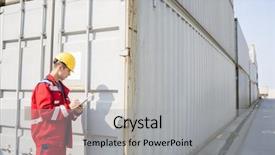  Presentation with shipping container - PPT theme enhanced with male worker inspecting cargo container background and a light gray colored foreground