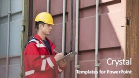  Presentation with shipping container - Beautiful PPT layouts featuring male worker inspecting cargo container backdrop and a  colored foreground