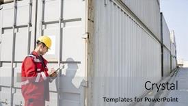  Presentation with shipping container - Slide deck featuring male worker inspecting cargo container background and a  colored foreground