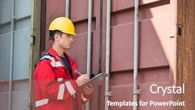  Presentation with shipping container - Presentation consisting of male worker inspecting cargo container background and a  colored foreground