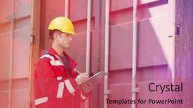 Presentation with shipping container - Cool new presentation theme with male worker inspecting cargo container backdrop and a  colored foreground