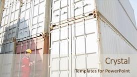  Presentation with cargo ship big container - Presentation theme enhanced with male worker inspecting cargo containers background and a  colored foreground