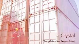  Presentation with shipping - Audience pleasing PPT theme consisting of male worker inspecting cargo containers backdrop and a  colored foreground