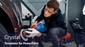  Presentation with worker - Audience pleasing slide set consisting of male-worker-polishes-bumper-car backdrop and a wine colored foreground