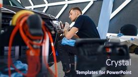  Presentation with worker - PPT theme featuring male-worker-polishes-headlights-car background and a wine colored foreground