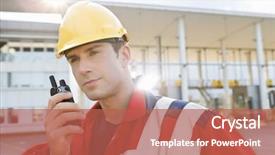  Presentation with walkie talkie - Audience pleasing theme consisting of male worker using walkie-talkie in shipping yard backdrop and a red colored foreground