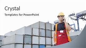  Presentation with walkie talkie - Theme enhanced with male worker using walkie-talkie in shipping yard background and a white colored foreground