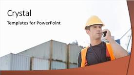  Presentation with walkie talkie - PPT theme enhanced with male worker using walkie-talkie in shipping yard background and a white colored foreground