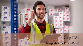  Presentation with distribution logistics - Slide deck having male-worker-wearing-headset background and a coral colored foreground