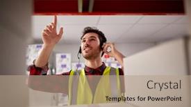  Presentation with distribution logistics - Presentation design consisting of male-worker-wearing-headset background and a coral colored foreground