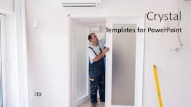  Presentation with apartment - Slide deck consisting of male-workers-carpenters-installing-interior background and a light gray colored foreground