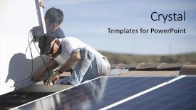  Presentation with solar panel - Cool new slides with male workers fixing solar panel backdrop and a light blue colored foreground
