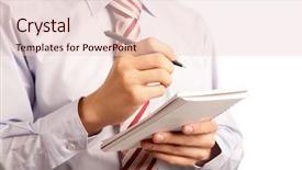  Presentation with reading and writing - PPT theme consisting of male writing something in notepad background and a  colored foreground