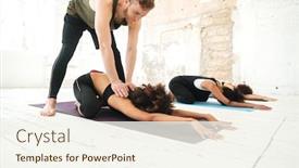  Presentation with stretch - Slide set enhanced with male yoga instructor helping woman to stretch in a gym background and a cream colored foreground