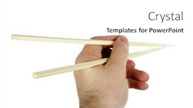  Presentation with chopsticks - Slide deck with males hand using chopsticks isolated on white with clipping path background and a white colored foreground